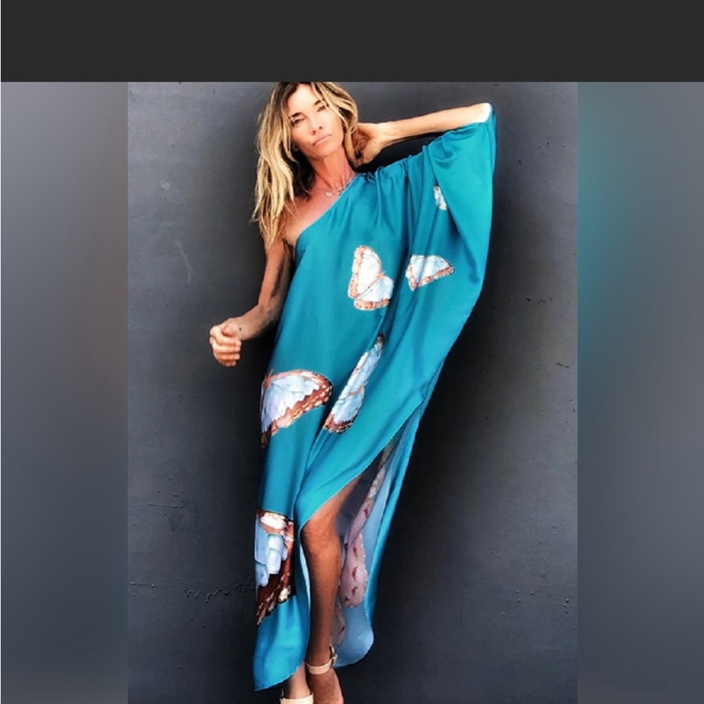 Butterfly Teal Silky Feel Satin Kaftan, Side Slit Kaftan Dress - Picture 3 of 5
